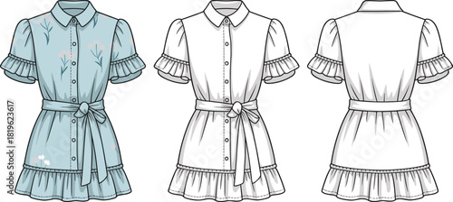 Women’s ruffle dress technical flat sketch with front and back views, detailed stitching and belt, cad drawing flat vector illustration design