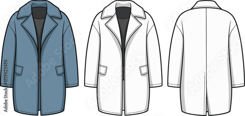 Women's coat technical flat sketch with front and back views, detailed stitching, outerwear template cad drawing flat vector illustration fashion design