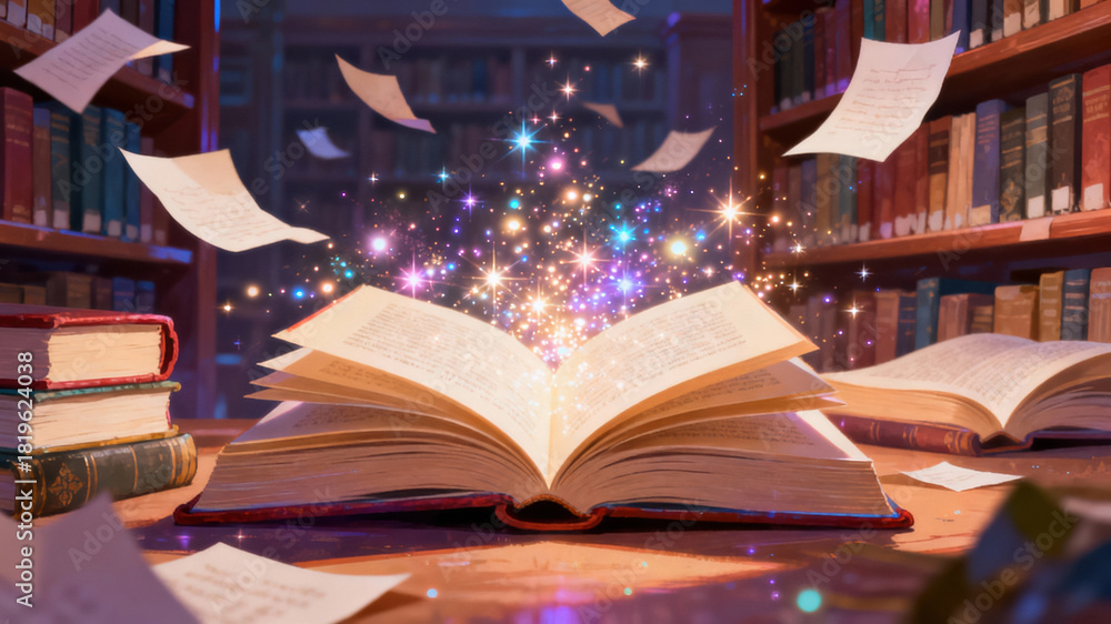 Fototapeta premium An enchanted library showcases an open book radiating magic, surrounded by flying pages and twinkling sparkles during twilight. The atmosphere is filled with wonder and imagination