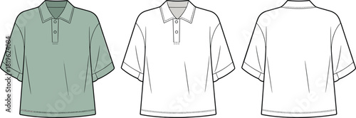 Oversized polo shirt fashion template with front and back views, technical garment sketch, cad drawing flat vector illustration for apparel designers