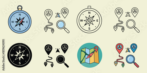 Collection of navigation and location icons including compasses maps and pins vactor