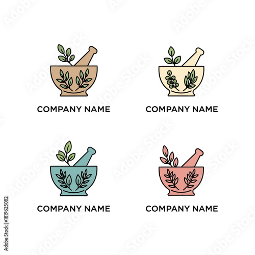 Herbal medicine logo designs with mortar and pestle illustrations.