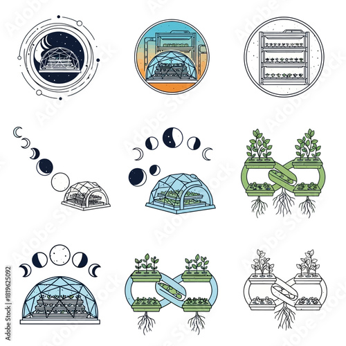 Hydroponic and aquaponic systems with moon phases and plant growth.