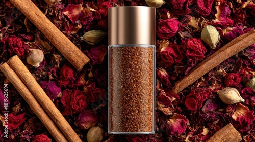 Fototapeta Naklejka Na Ścianę i Meble -  Ground spice blend is presented in a clear jar surrounded by aromatic botanicals and whole spices