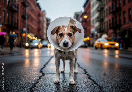 Fototapeta Naklejka Na Ścianę i Meble -  A small brown and white dog wearing a plastic medical cone stands alone on a wet city street during a rainy evening.