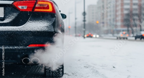 A close-up view captures the rear of a vehicle emitting fumes while moving or idling on an icy street.