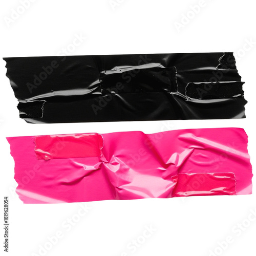 Two strips of black and pink duct tape isolated on a transparent background for craft projects and creative industrial repair designs.