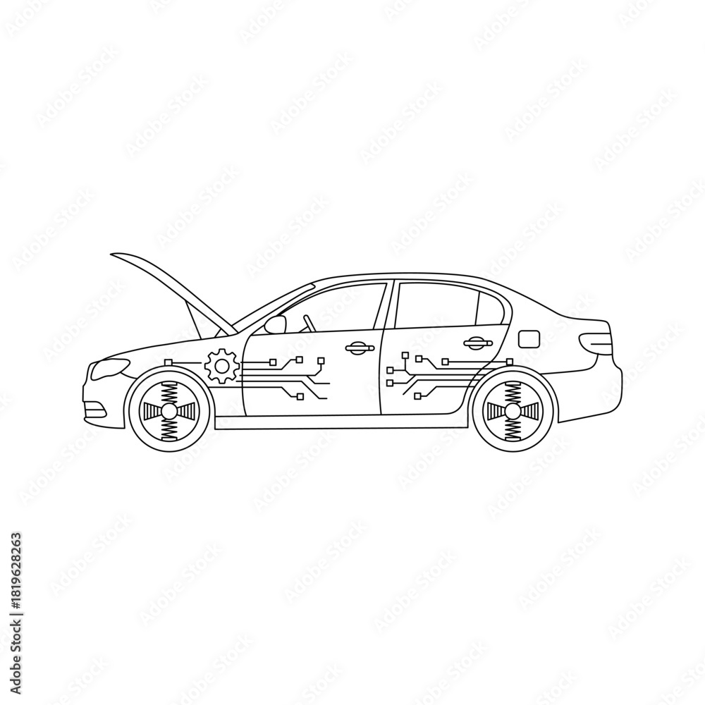 Naklejka premium Minimalist line icon of a sedan car with the hood open, showcasing internal diagrams of a gear and suspension system, integrated with an overarching circuit board pattern