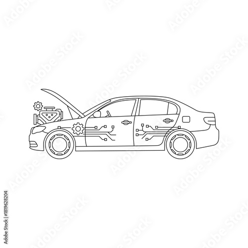 Simple line art icon of a sedan car with the hood open, displaying a schematic diagram of the engine, gears, and a circuit board pattern integrated across the body, symbolizing vehicle mechanics