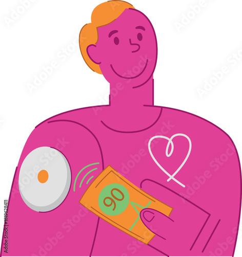 Vector illustration of a young man with type 1 diabetes, a character for an educational medical health resource, a sensor for measuring sugar, helping people