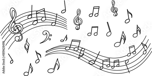 Musical notes and staves flowing across a white background, black outline illustration for sheet music, melody, rhythm, and song composition.