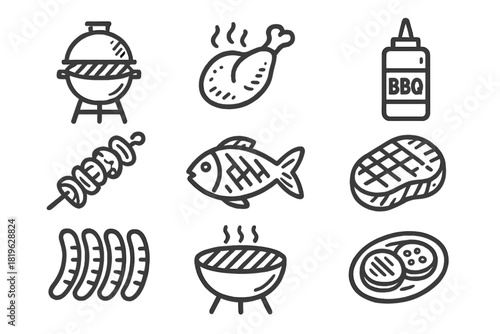 Barbecue and grilling icons set with meat, fish, sausages, skewers, and cooking grills