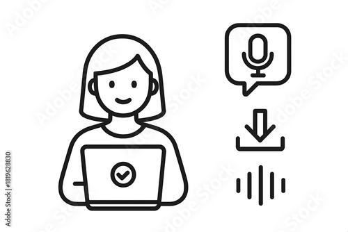 Female user processing audio data on laptop via voice recognition