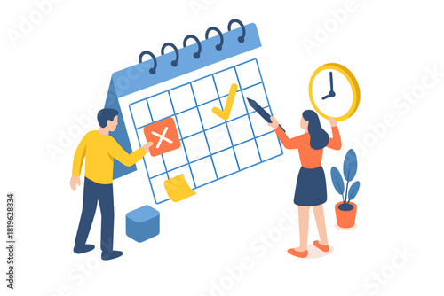 Business team managing tasks and deadlines on a large calendar for time planning