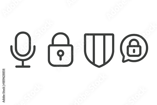 Digital security and privacy symbols including microphone, padlock, and shield