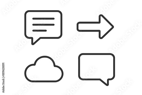 Essential communication and data transfer icons: chat bubbles, arrow, and cloud storage