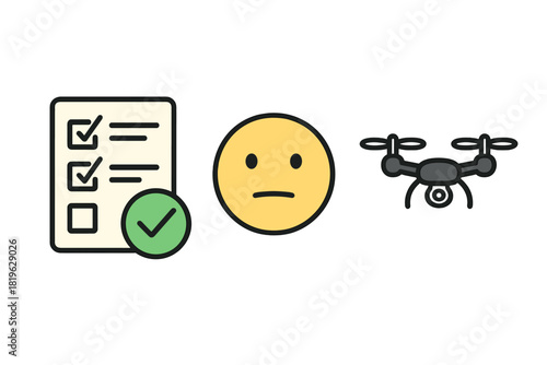 Completed checklist, neutral face emoji, and modern drone icon set for feedback and delivery