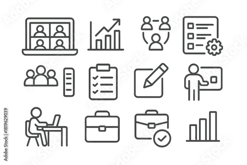 Professional business meeting and productivity line symbols for digital interfaces