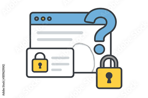 Digital security and data privacy concept with padlocks, question mark, and web browser interface