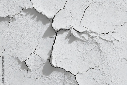 A detailed close-up of a white, textured surface with prominent, deep cracks and intricate patterns.