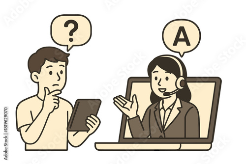 Customer asking a question and receiving an answer from a helpful online support agent via video call on a laptop