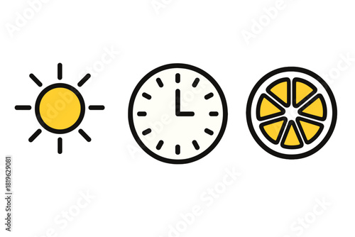 Minimalist outline icons representing sun, time, and a sliced citrus fruit for modern web design elements