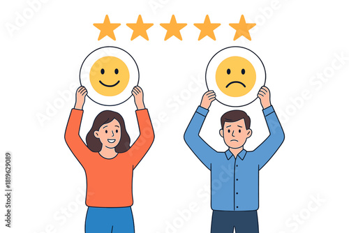 Customer feedback concept showing positive and negative review ratings with happy and sad faces