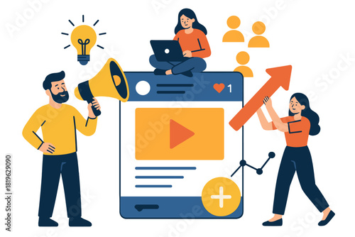 Business team collaborating on digital marketing strategy and social media engagement