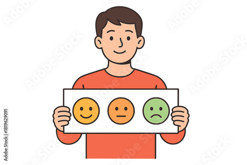 Person holding a sign displaying customer satisfaction levels using happy, neutral, and sad faces