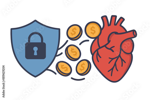 Shield protecting a human heart from financial costs symbolizing health insurance and medical savings