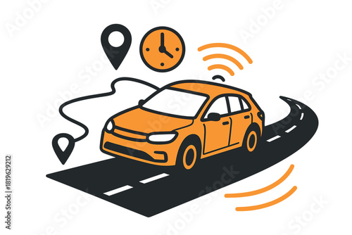 Autonomous smart car driving on a road with GPS navigation route and real-time tracking symbols
