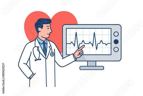 Medical professional showing a heartbeat graph on a cardiac monitor with a large red heart background