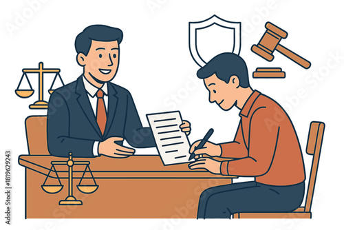 Client signing legal document with lawyer or attorney consultation at desk