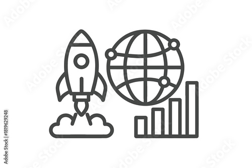 Startup rocket launch next to a global network sphere and rising financial bar chart icon