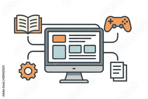Computer screen linked to educational resources, gaming, settings, and documents
