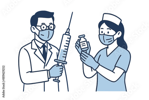 Doctor and nurse preparing medicine for injection using a large syringe and vial