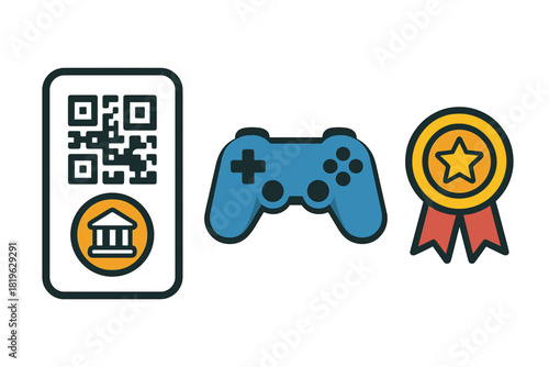 Mobile payment QR code, video game controller, and achievement medal