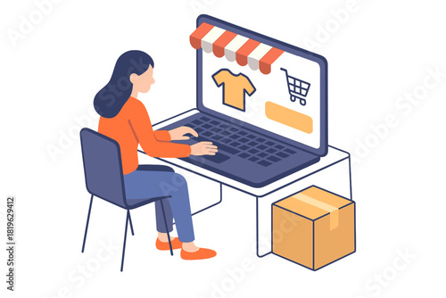 Customer making online purchases on laptop accessing digital retail storefront