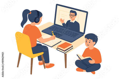 Young girl and boy studying online with a male instructor displayed on a computer screen