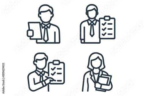 Business professionals icons set showing people holding documents and completing tasks checklist