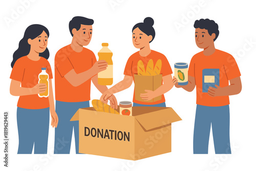 Smiling people volunteering together to fill a large donation box with various food items and supplies