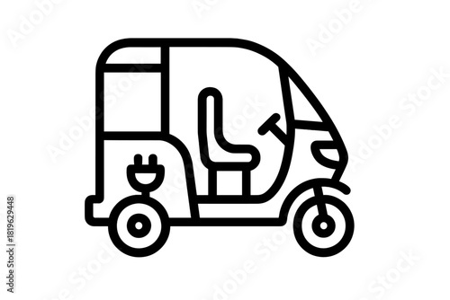 Outline icon of an electric auto rickshaw or tuk tuk with a charging symbol