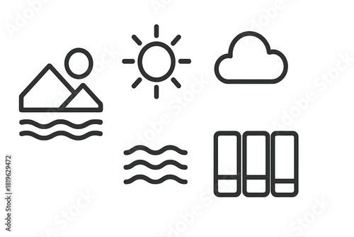 Minimalist outline symbols representing nature, weather, environment, and interface controls