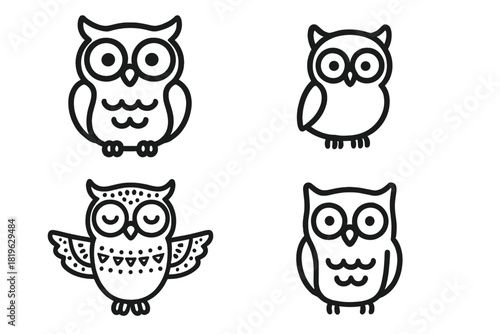 Minimalist black and white outline icons featuring different cartoon owls