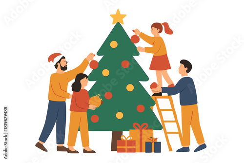 Happy parents and children hanging colorful ornaments on a festive Christmas tree