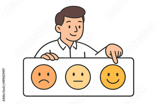 Businessman selecting highest satisfaction rating on feedback scale with emoji faces