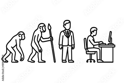 Stages of human evolution from ape to primitive man holding a spear to modern businessman and worker