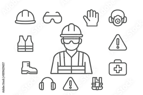 Essential personal protective equipment and occupational safety icons set including worker figure and warning signs