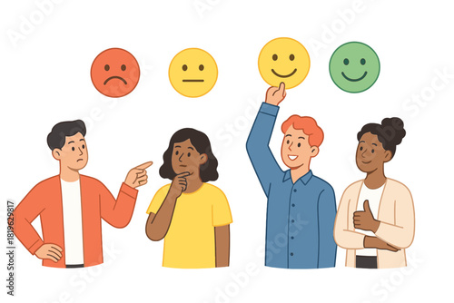Diverse group of people giving feedback on customer satisfaction using emoji rating scale