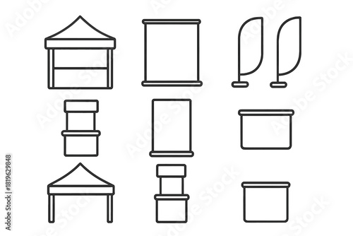 Promotional display equipment icons set for marketing events and trade shows